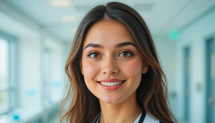 Fototapeta premium Young female healthcare professional with long brown hair smiles confidently in a bright hospital corridor, wearing a white coat and stethoscope around her neck