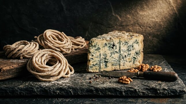 Rustic coils of Pici pasta beside a block of flavorful blue cheese and walnuts on a dark stone surface