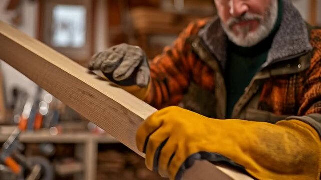 Man in workshop holding and working with wooden plank closely