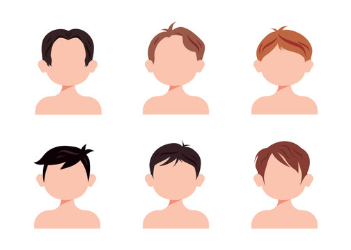 Set of front view stylish hairstyles of boys of different appearances in cartoon style. Vector illustration of bust with different boys haircuts, blond, dark-haired isolated on white background.