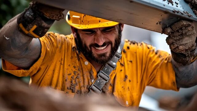 Man in yellow shirt lifting heavy wooden beam outdoors smiling