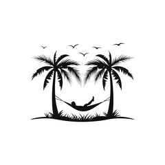 Fototapeta premium Black and white silhouette illustration of a person relaxing in a hammock between two palm trees on a tropical island vector art