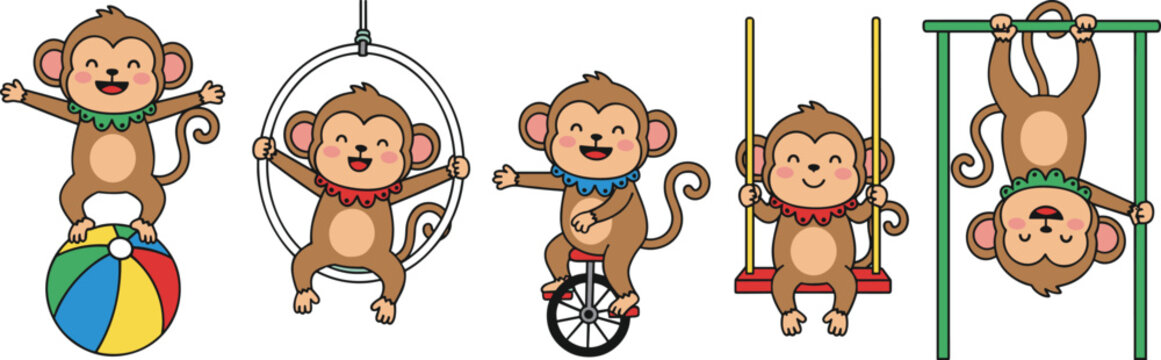 Cute circus monkey characters performing tricks with ball, hoop, swing and bars, funny cartoon animals entertainment vector illustration collection isolated