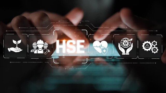 Hands on Technology Interface with HSE Symbols Representing Health, Safety, and Environment Practices for Workplace Compliance and Management Strategies Sigmoid