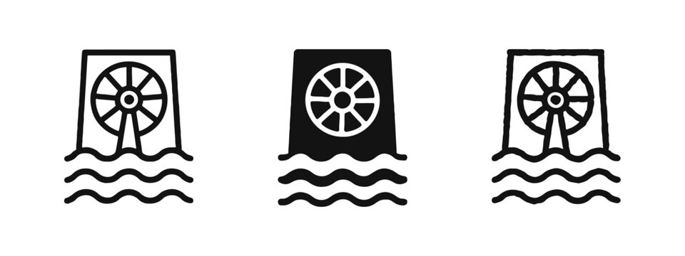 Water Mill and Hydro Power Generation Icon Set