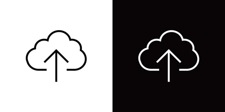 クラウドにアップロードするコンセプトのラインアイコン。モノクロベクターイラスト