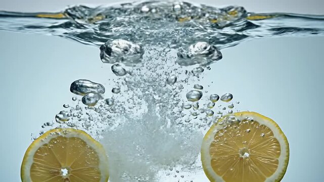 Slices of yellow citrus fruit plunge into clear, turbulent water