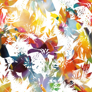 Seamless vibrant floral pattern on white background, abstract watercolor style flowers and feathers