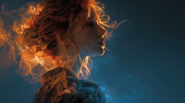 Head-and-shoulders illustration of a dark-haired woman with fiery hair elements and glowing embers