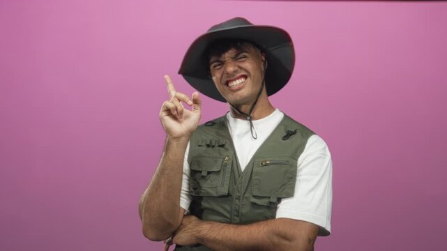 Young hispanic man wearing explorer hat and vest points index finger upward while squinting and smiling in a studio; playful curiosity.