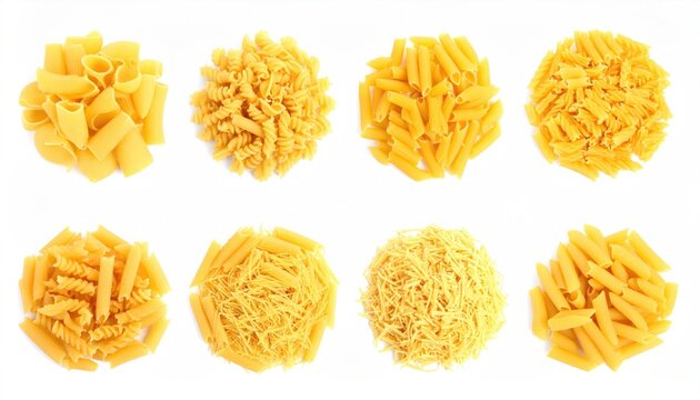  Set of different pasta types on white background, top view 