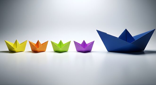 Colorful paper boats on white background leadership concept with one large blue boat leading smaller ones in row