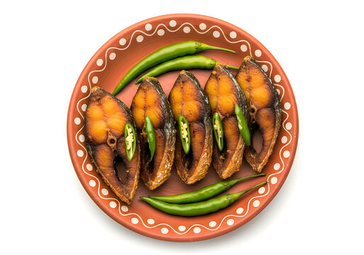 Fried hilsa fish pieces served with green chilies on a clay plate