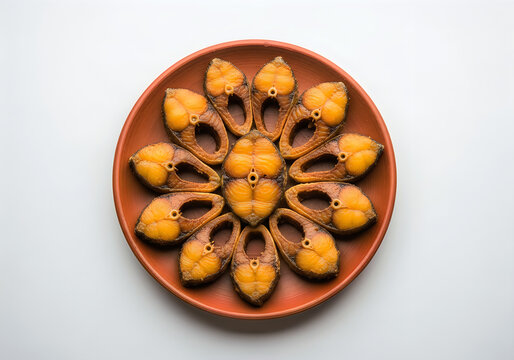 Fried hilsa fish pieces arranged in a circular pattern on a clay plate
