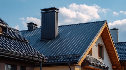 Obraz premium Modern house roof with chimney against sky and clouds