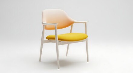 Fototapeta premium Modern minimalist armchair with light wood frame and vibrant yellow and peach cushioned seating