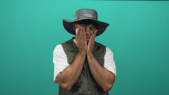 Man wearing an explorer hat and vest presses both hands to his face and rubs his eyes in studio; exhaustion exploration.