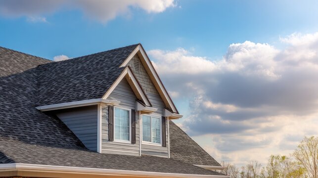House roof with dormer windows against blue sky and white clouds
