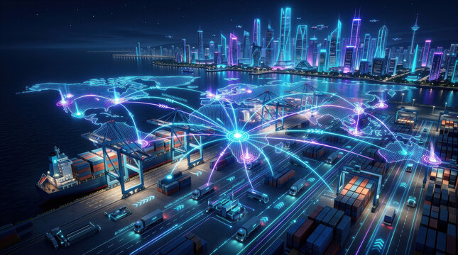 Futuristic autonomous smart port at night with digital world map overlay, neon-lit cargo cranes, shipping containers, and trucks connected by global data network lines, high-angle aerial view.