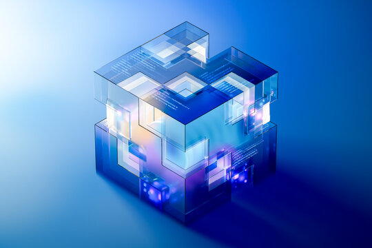 3D Glass Code Cube with translucent block and data glow