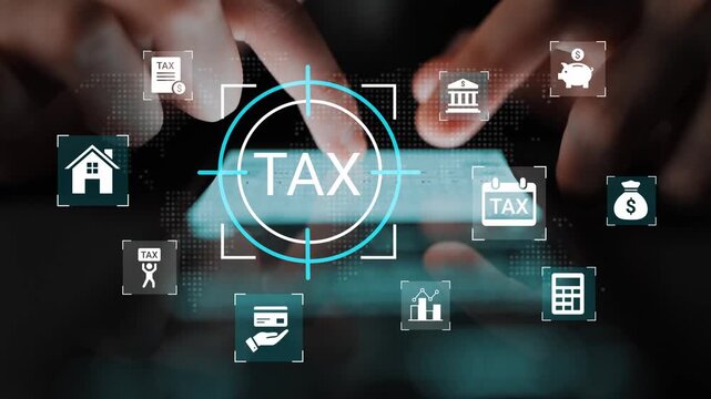 Hands Interacting with Digital Tax Symbols on Smartphone Screen for Financial Management, Filings, and Online Calculations in Modern Tax System Gluon.