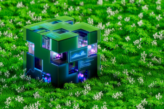 3D Eco Data Cube with smart interface in green field