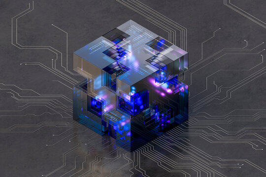 3D Glass Data Frame with abstract interface and grid