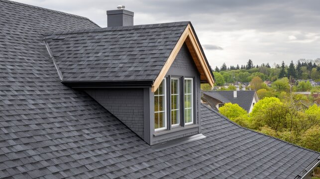 Close up view of a dark gray shingle roof and dormer window detail