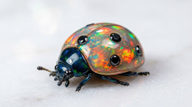 Stunning macro shot of a handcrafted ladybug sculpture made of iridescent fire opal with black gemstone spots and deep blue head, resting on a white marble surface under bright soft lighting.