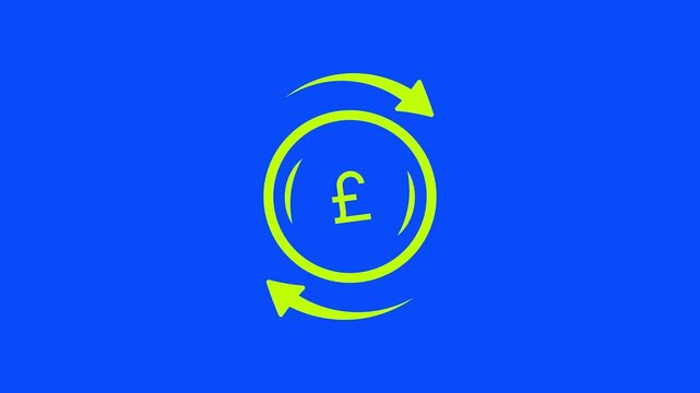  Vibrant lime green icon features a dollar, euro, pounds coin encircled by rotating arrows, symbolizing currency exchange, return on investment, and financial flow against a bold blue background.