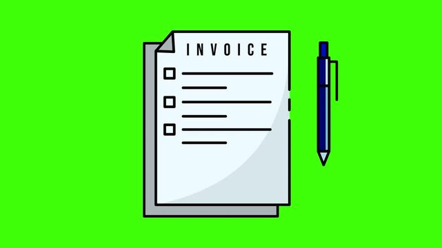 Stylized invoice document features a blue pen and golden dollar coin 4K stock animation video on a green screen for chroma key background in video editing.