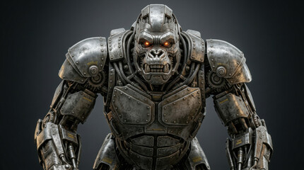 Fototapeta premium Powerful mechanical gorilla robot with glowing orange eyes and heavy weathered metal armor plating, standing in a dark studio setting, cinematic front view, futuristic cyborg ape design.