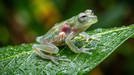 Fototapeta premium Macro shot of a rare glass frog with transparent skin showing internal organs and heart, sitting on a vibrant green wet leaf with raindrops in a lush tropical rainforest background.
