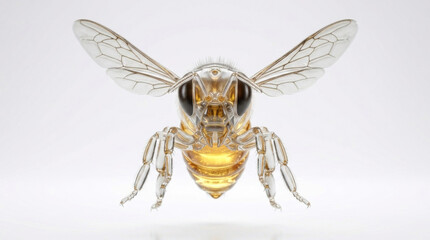Stunning 3D macro render of a translucent honey bee with a glowing golden honey abdomen, intricate glass-like wings, and detailed anatomical structure on a pure white studio backdrop.