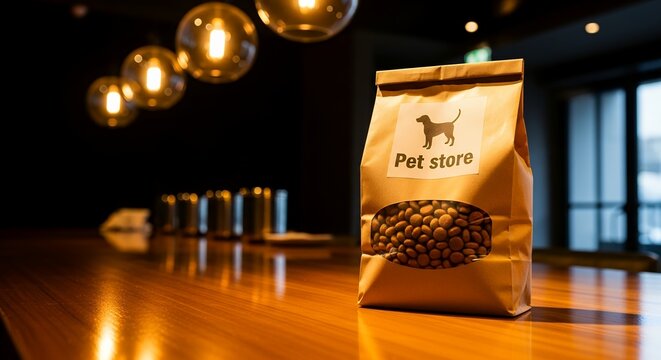 Golden-brown pet food bag sits on polished wooden table. Warm pendant lights illuminate the scene softly. Packaging shows a stylized dog silhouette and text