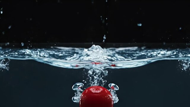 Red sphere submerged in water, creating splashes and bubbles