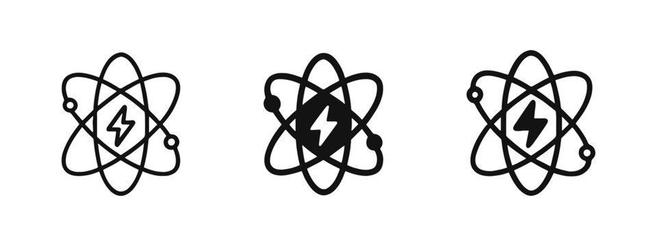 Atom with lightning bolt nuclear energy icon set, atomic power symbol, science physics concept, renewable energy.