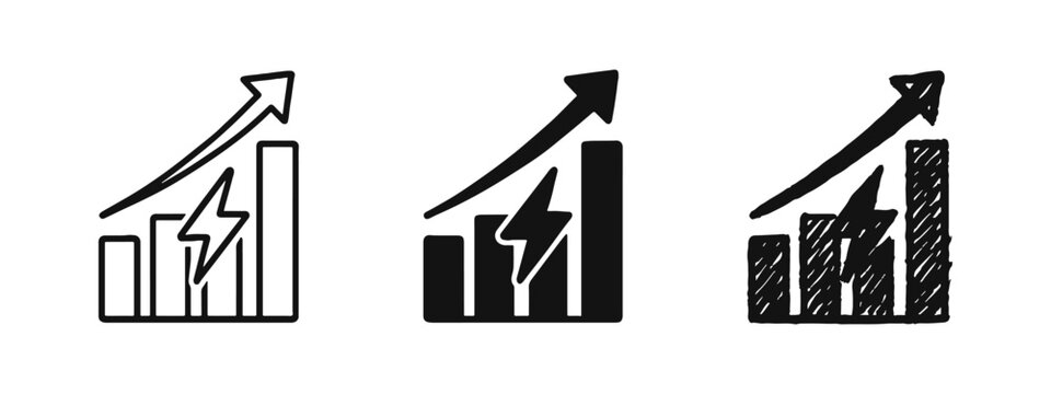 Growing Energy Consumption Bar Chart Icon Set, Power Demand Increase and Electricity Growth Graph Symbols