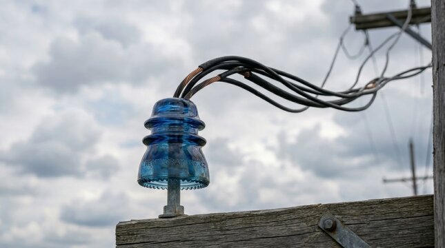 Blue Tinted Glass Insulator Securing Electrical Wires Against a Cloudy Sky