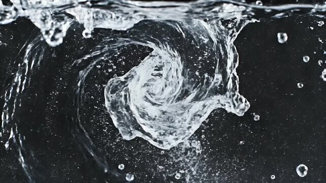 Dynamic swirl of white liquid against a dark background with tiny bubbles