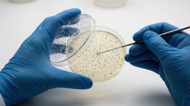 Blue-gloved hands meticulously handling a petri dish with bacterial colonies using an inoculation loop in a scientific laboratory setting.