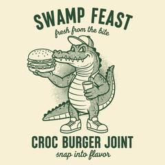 Fototapeta premium Crocodile Holding a Burger and Cup.
