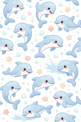 Fototapeta premium Kawaii Dolphin Seamless Pattern Cute Ocean Animal Background
