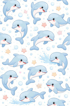 Kawaii Dolphin Seamless Pattern Cute Ocean Animal Background