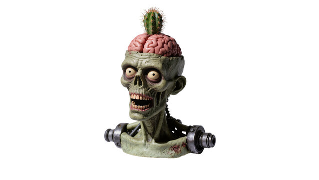 Grotesque zombie head planter with cactus growing from brain, isolated on transparent background