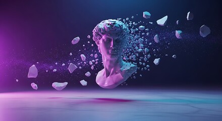 Naklejka premium Surreal Floating Marble Bust Breaking into Glowing Particles Abstract Art