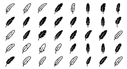 Black feather icons, feather illustration set, 40 feather graphics, vector feathers