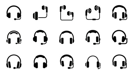 Headphone icons, black headphones set, vector headphones collection, audio equipment symbols