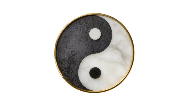 Textured black and white yin yang symbol with gold rim, isolated on transparent background