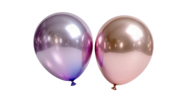Two chrome balloons one purple and one rose gold, isolated on transparent background